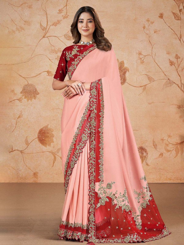 Peach Satin Georgette Silk Saree